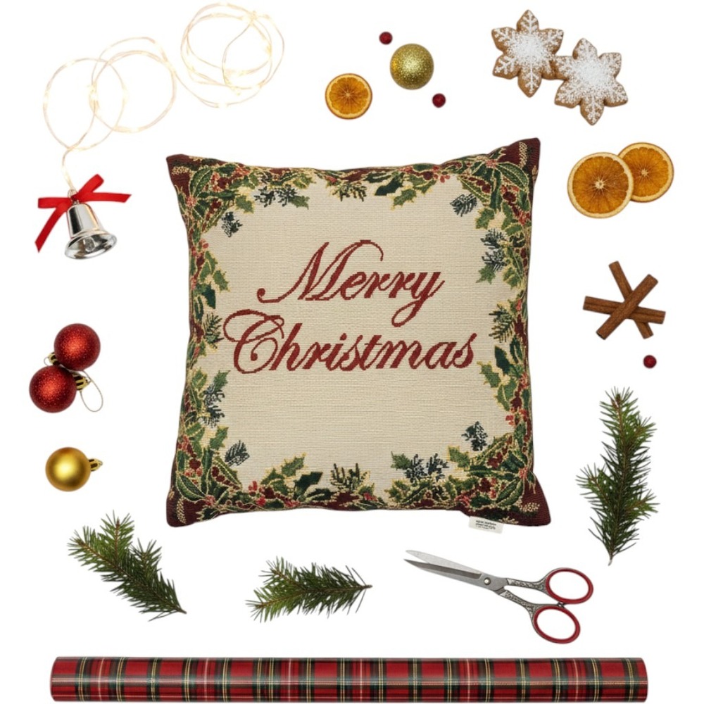Park B. Smith Merry Christmas Tapestry Throw Pillow Holly Green Red 18x18 Woven